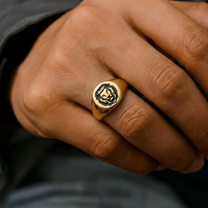 Gold plated 925 Sterling Silver men's lion ring on hand. Perfect jewellery gift for him – Zavya