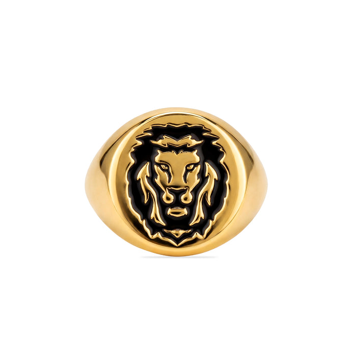 Gold plated 925 Sterling Silver men's ring with lion head and black details. Perfect gift for him – Zavya