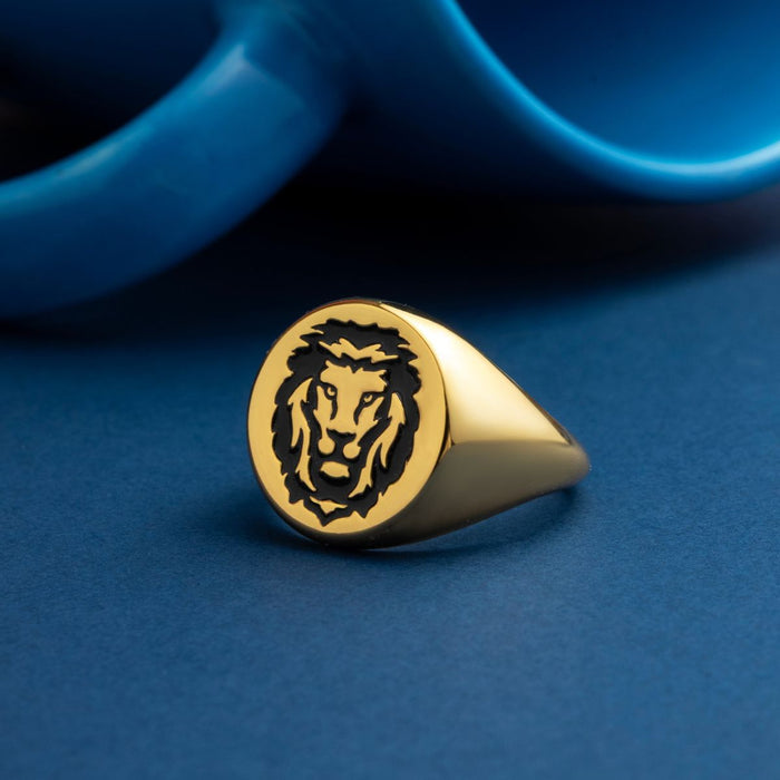 Gold plated 925 Sterling Silver men's ring with black lion face. Ideal jewelry gift for him – Zavya