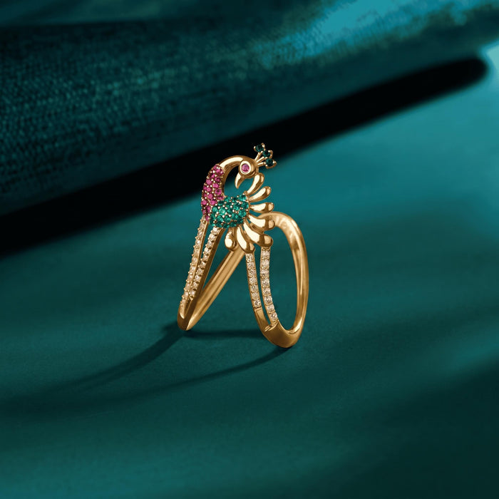 Regal Peacock Multi CZ Gold Plated 925 Silver Women Ring