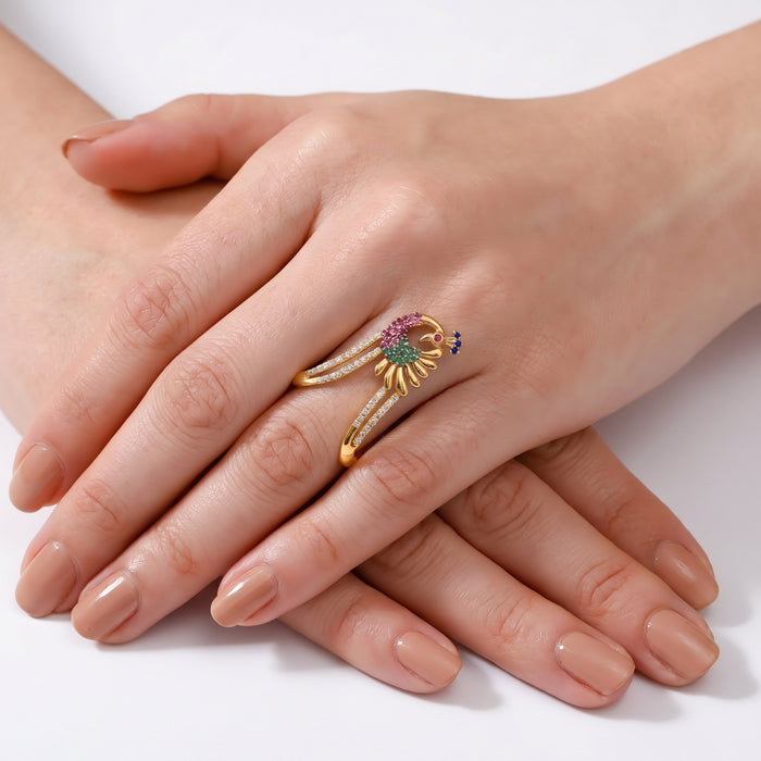 Regal Peacock Multi CZ Gold Plated 925 Silver Women Ring