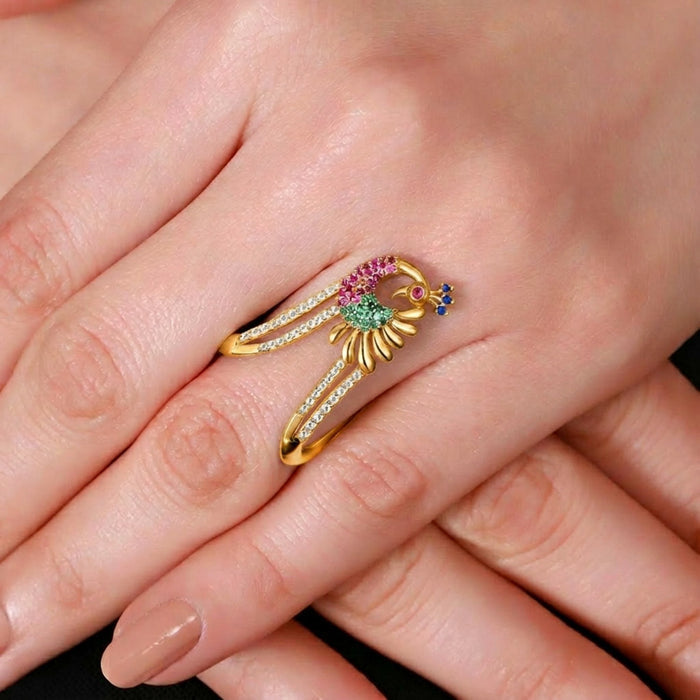 Regal Peacock Multi CZ Gold Plated 925 Silver Women Ring
