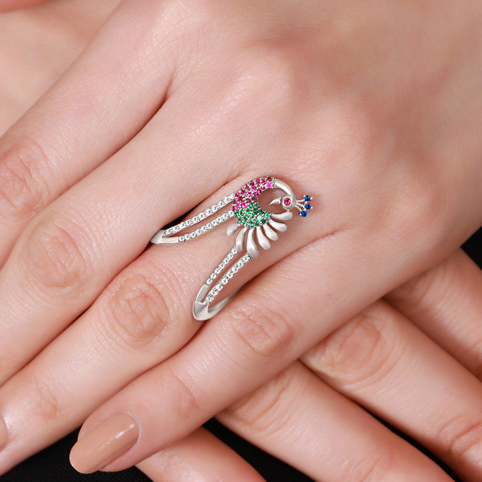 Regal Peacock Multi CZ Rhodium Plated 925 Silver Womens Ring