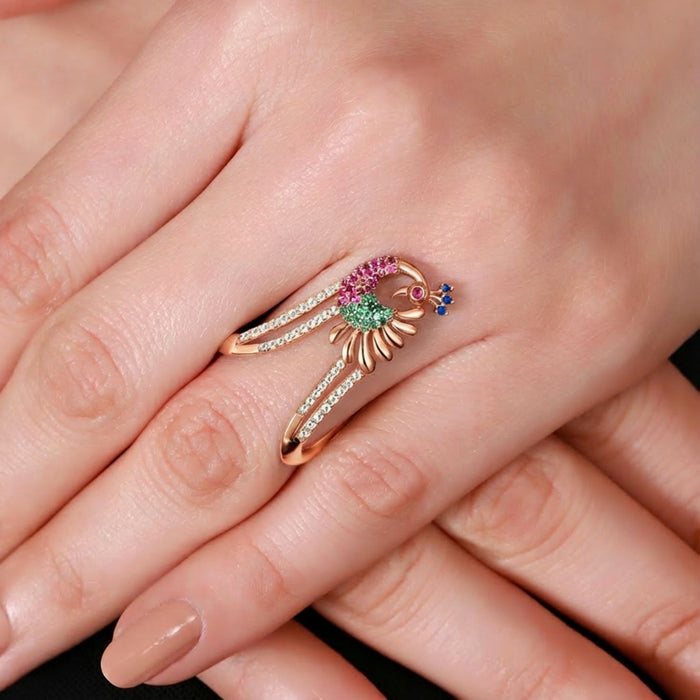Woman's hands wearing a rose gold multi-CZ peacock ring. 925 Sterling Silver jewelry for women – Zavya