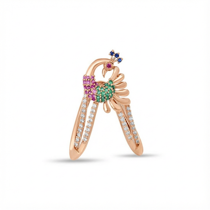 Rose gold-plated 925 Sterling Silver peacock ring for women with multi-color CZ stones on a split band – Zavya