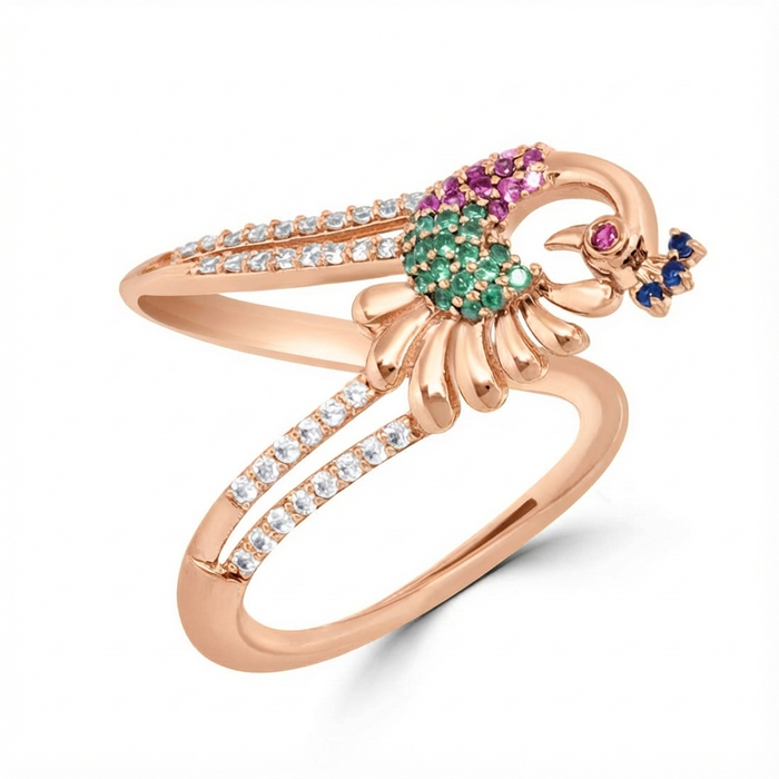 Rose gold-plated 925 Sterling Silver peacock ring for women with multi-color CZ stones – Zavya