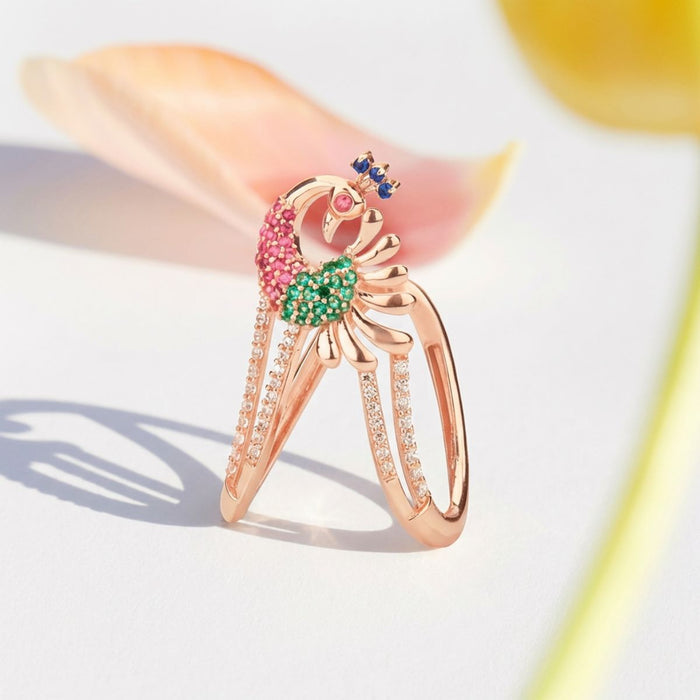 Women's rose gold 925 Sterling Silver ring featuring a colourful CZ stone peacock design – Zavya