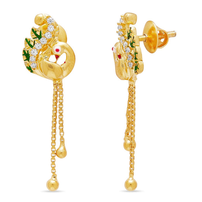 Gold-plated 925 Sterling Silver peacock drop earrings for women with stones and dangling chains – Zavya