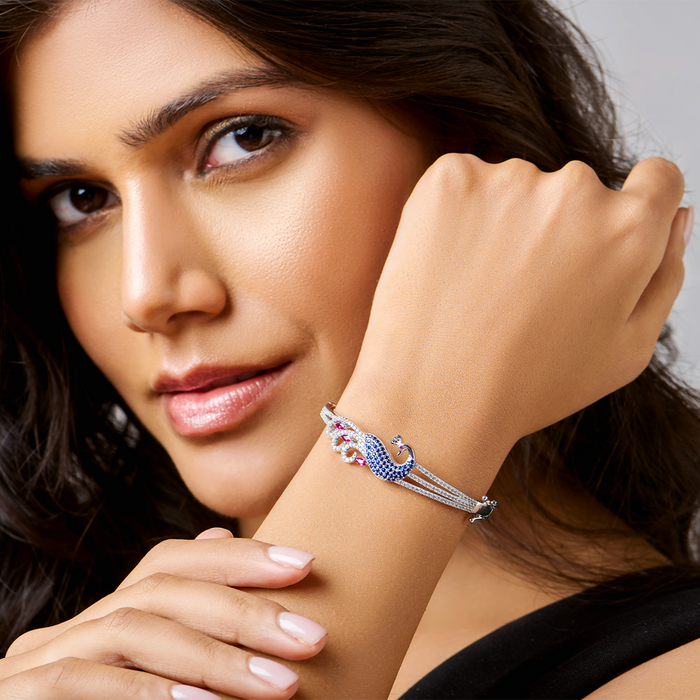 Regal Plumage Rhodium-Plated 925 Sterling Silver Peacock Bracelet