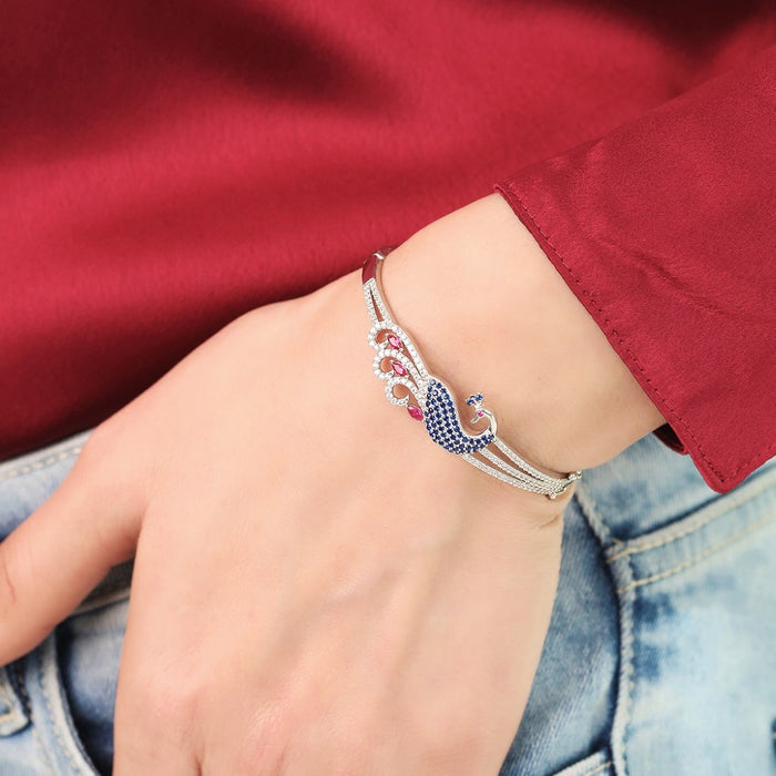 Regal Plumage Rhodium-Plated 925 Sterling Silver Peacock Bracelet