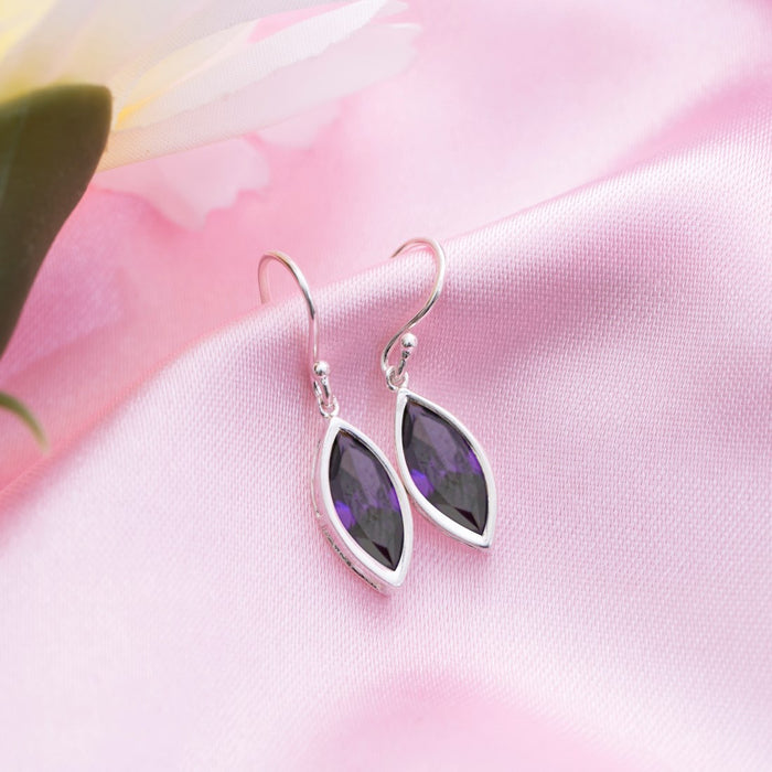 Regal Radiance Rhodium Plated Purple CZ 925 Sterling Silver Drop Earrings