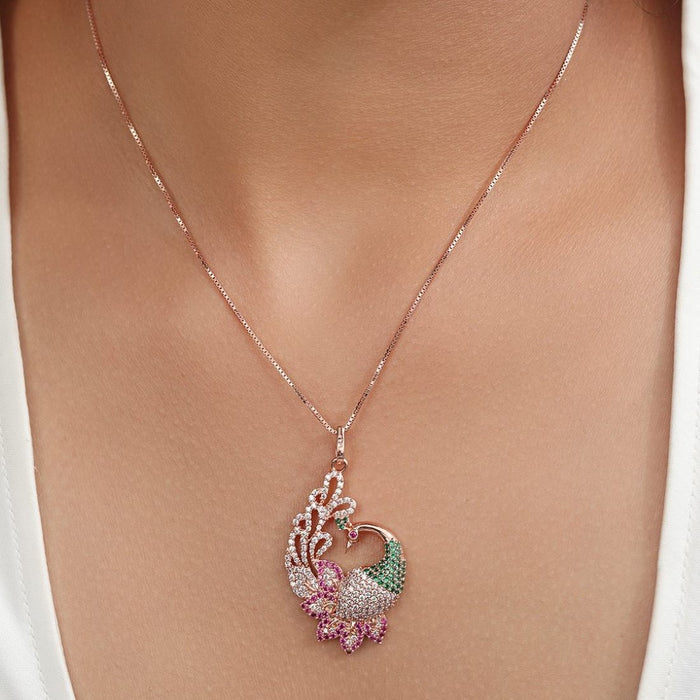 Regal Rose Gold-Plated 925 Sterling Silver Peacock Pendant