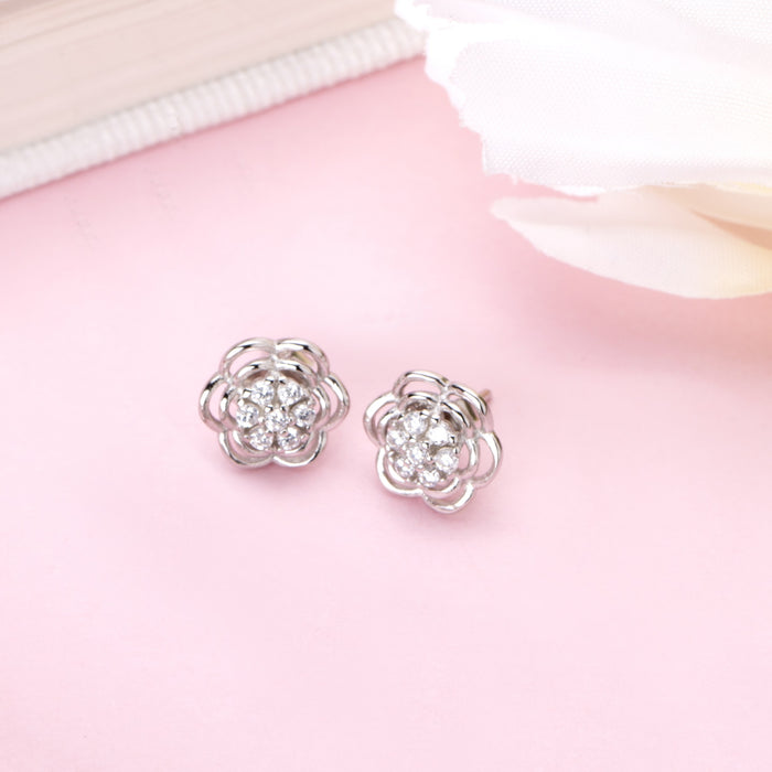 Rhodium Blossom Cubic Zirconia Flower 925 Sterling Silver Earrings