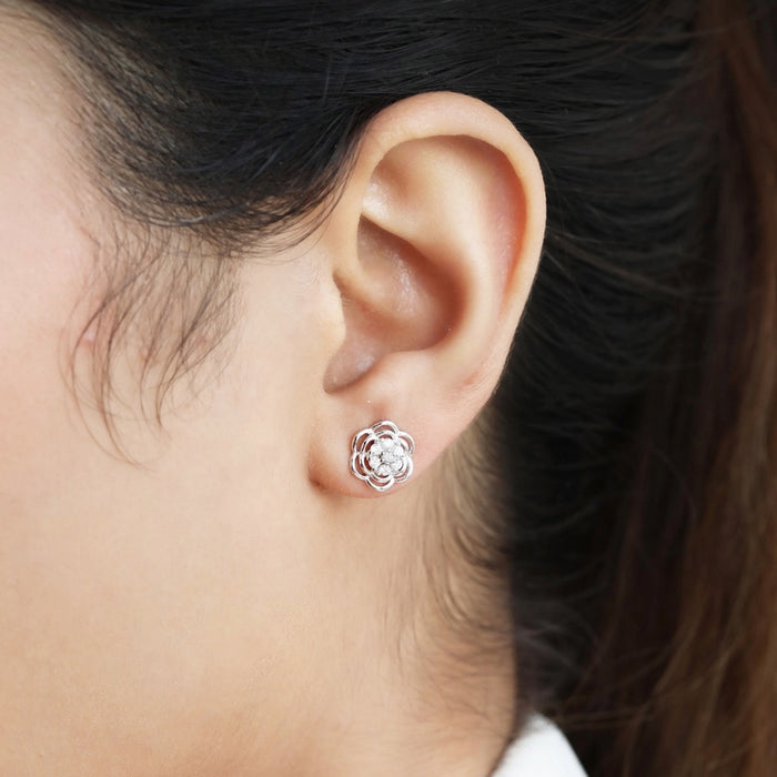 Rhodium Blossom Cubic Zirconia Flower 925 Sterling Silver Earrings