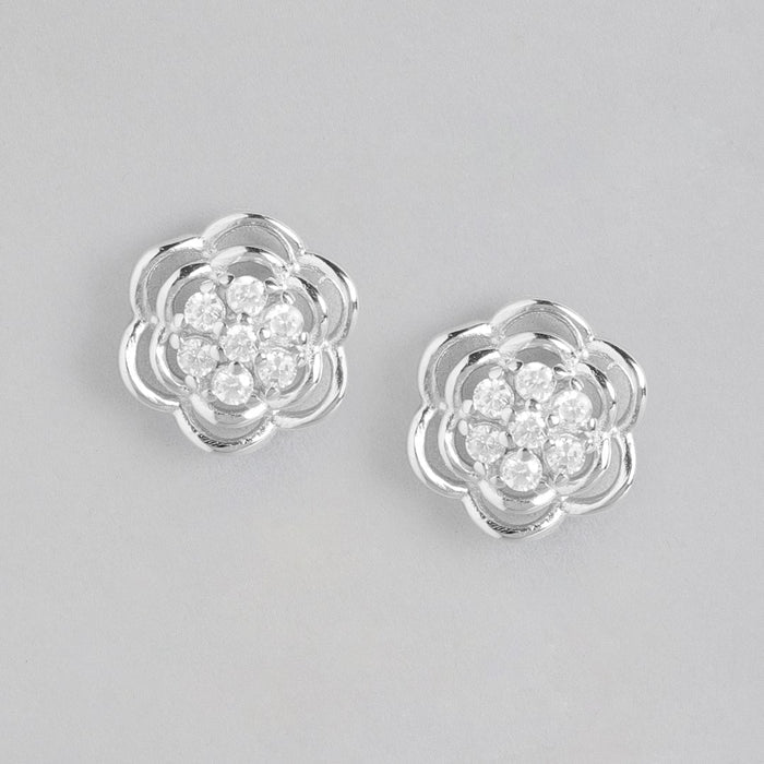 Rhodium Blossom Cubic Zirconia Flower 925 Sterling Silver Earrings