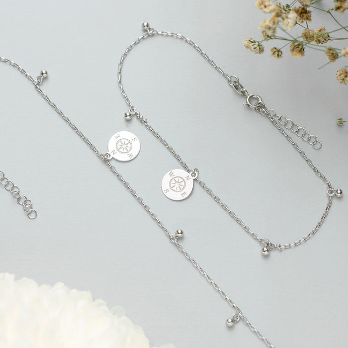 Rhodium Plated Compass 925 Silver Anklet