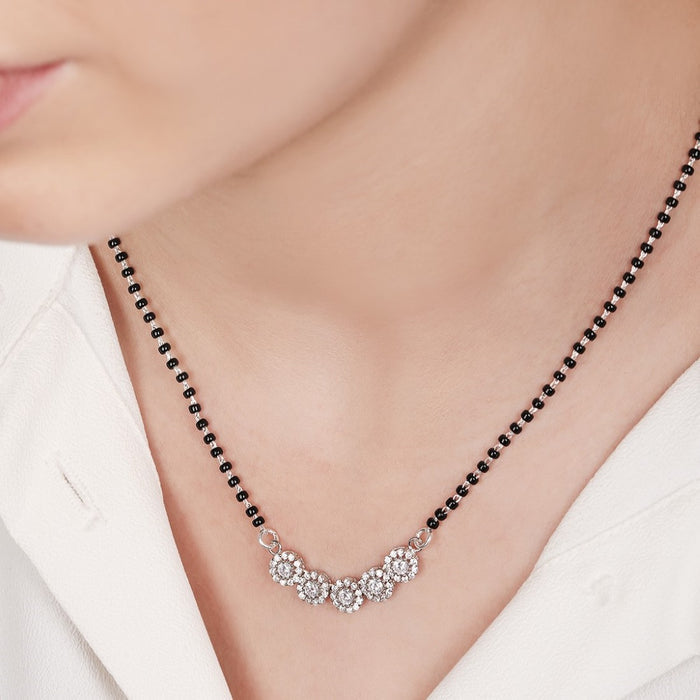 Rhodium-Plated Eternal Bloom CZ Black Beads 925 Sterling Silver Mangalsutra