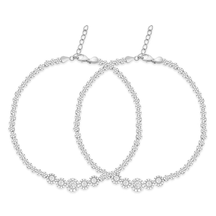 Two overlapping CZ 925 Sterling Silver anklets for women featuring glimmering crystal clusters. – Zavya