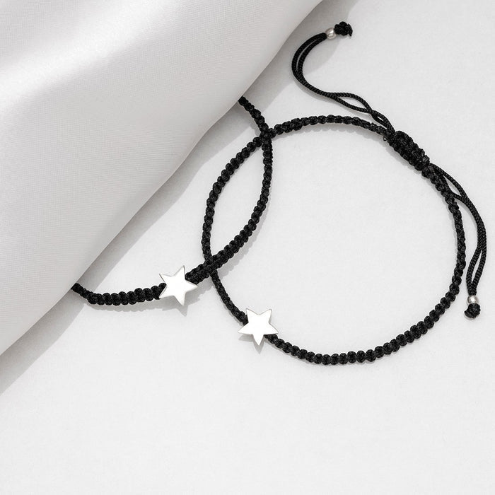 Rhodium Plated Star 925 Sterling Silver Anklet with Black Thread