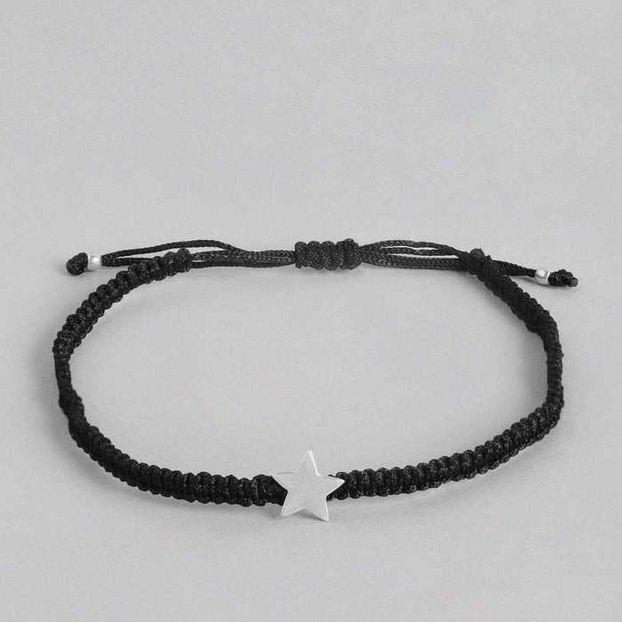 Rhodium Plated Star 925 Sterling Silver Anklet with Black Thread
