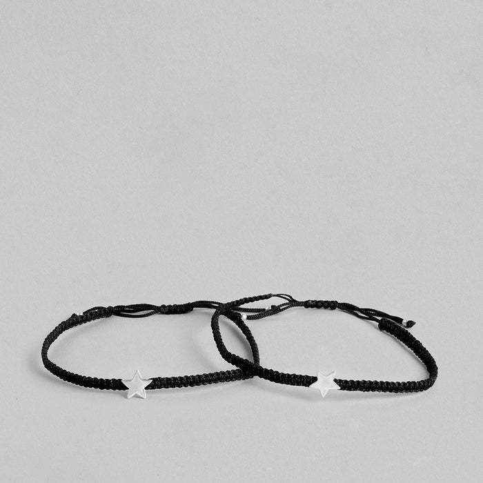Rhodium Plated Star 925 Sterling Silver Anklet with Black Thread
