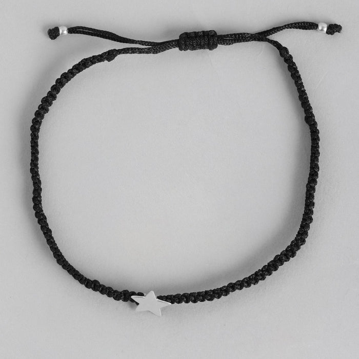 Rhodium Plated Star 925 Sterling Silver Anklet with Black Thread