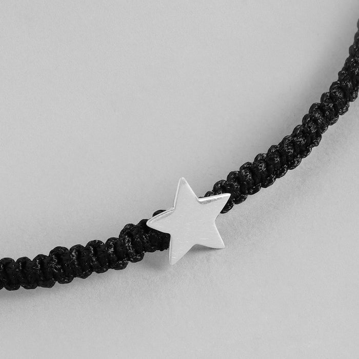 Rhodium Plated Star 925 Sterling Silver Anklet with Black Thread