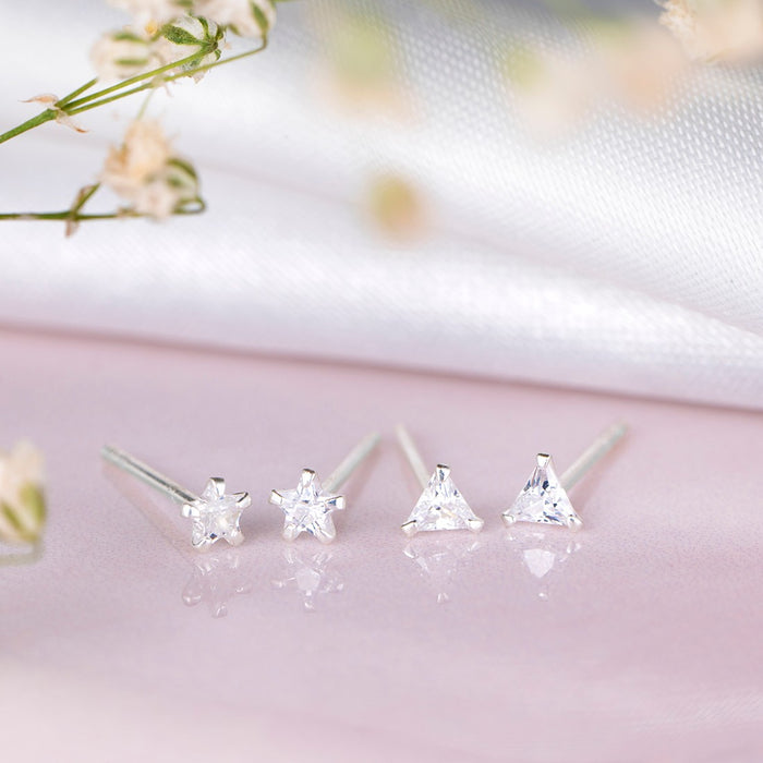 Rhodium Plated Star-Edgy Triangle Zircon 925 Sterling Silver Earring Combo