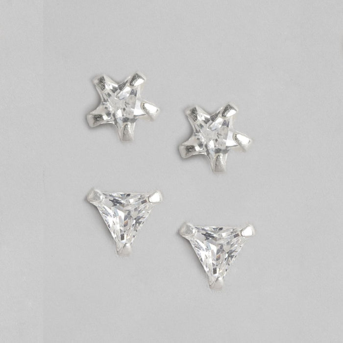 Rhodium Plated Star-Edgy Triangle Zircon 925 Sterling Silver Earring Combo