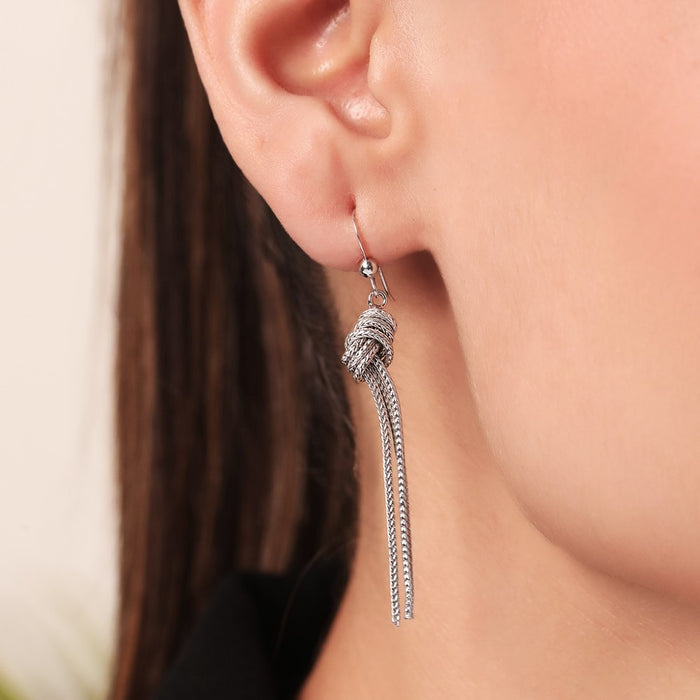 Rhodium Plated Tied Chain 925 Sterling Silver Dangle Earrings