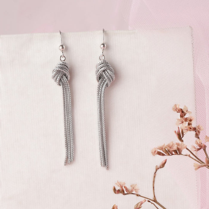 Rhodium Plated Tied Chain 925 Sterling Silver Dangle Earrings
