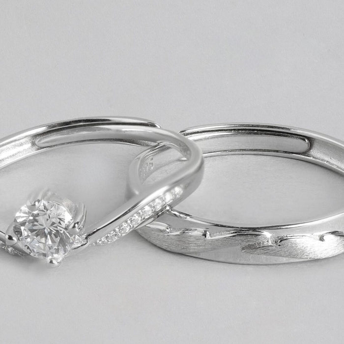 Romantic Bliss Rhodium Plated 925 Sterling Silver Couple Ring (Adjustable)