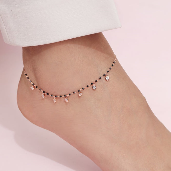 Romantic Heart Rose Gold Plated 925 Silver Black Beads Anklet