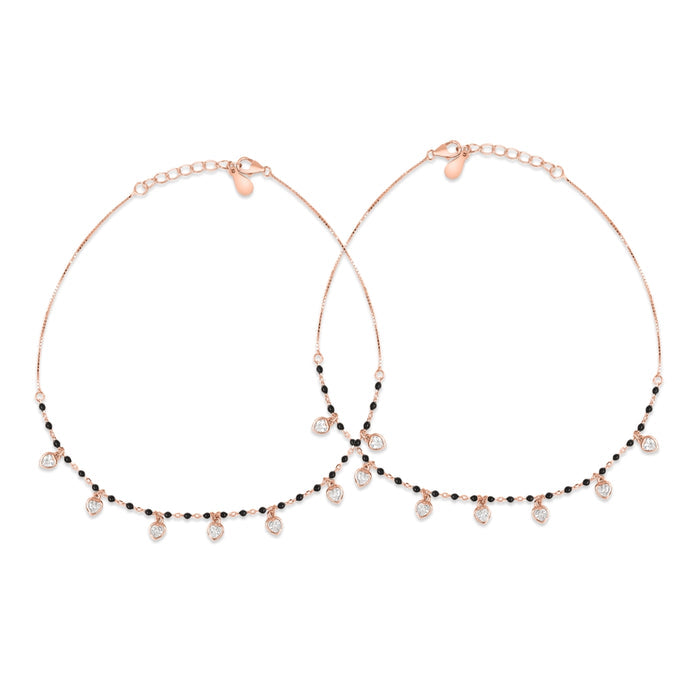 Romantic Heart Rose Gold Plated 925 Silver Black Beads Anklet