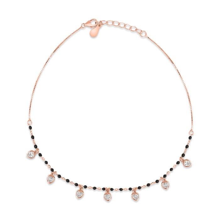 Romantic Heart Rose Gold Plated 925 Silver Black Beads Anklet