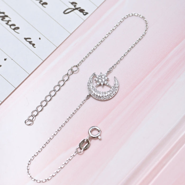 Romantic Moon and Star Cubic Zirconia 925 Silver Bracelet