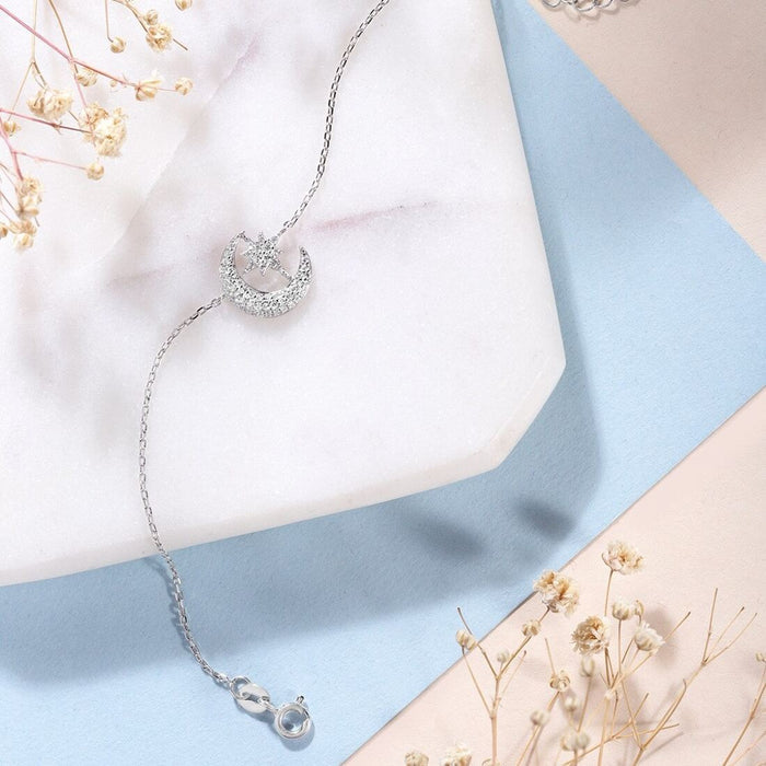 Romantic Moon and Star Cubic Zirconia 925 Silver Bracelet