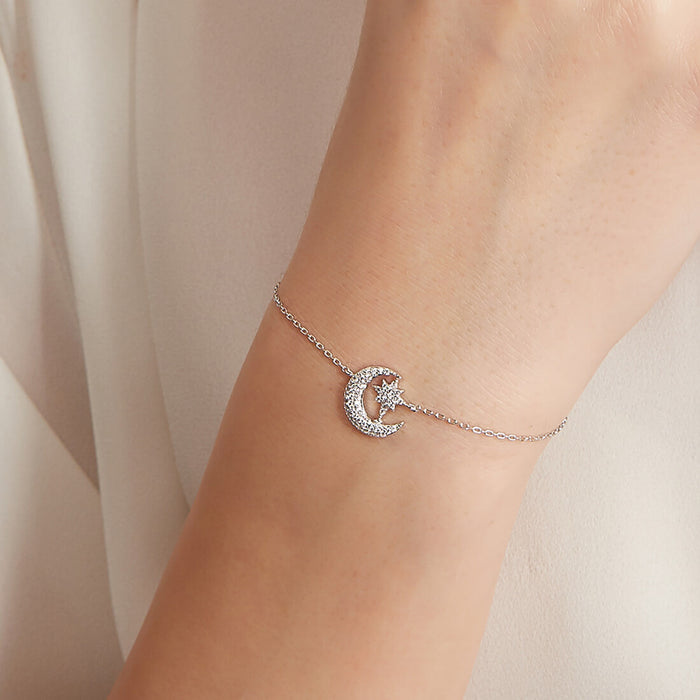 Romantic Moon and Star Cubic Zirconia 925 Silver Bracelet