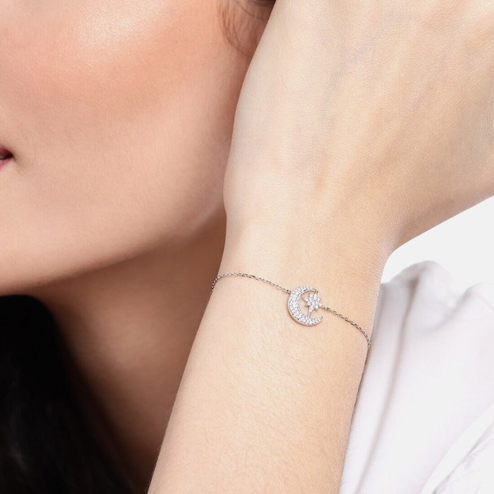 Romantic Moon and Star Cubic Zirconia 925 Silver Bracelet