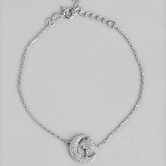 Romantic Moon and Star Cubic Zirconia 925 Silver Bracelet