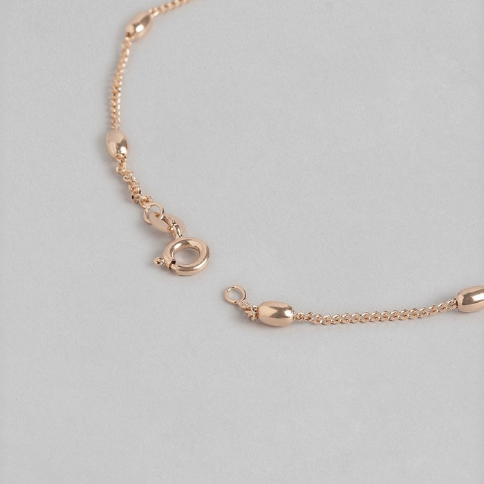 Close-up of women's rose gold beaded 925 Sterling Silver anklet showing chain and open clasp – Zavya