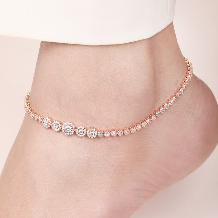 Rose gold plated CZ 925 Sterling Silver anklet on a woman's ankle. Fine women's jewellery – Zavya