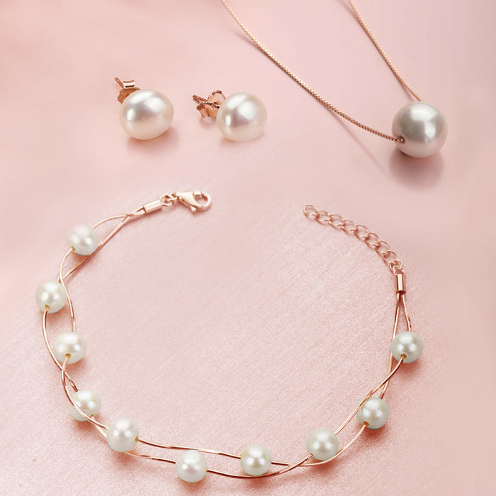 Rose Gold Plated Pearl 925 Silver Jewellery Set Trio