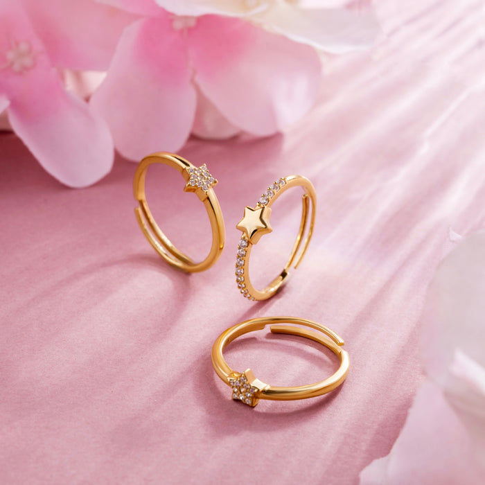Rose Gold Plated Star & Floral Stackable Ring Combo – Set of 3