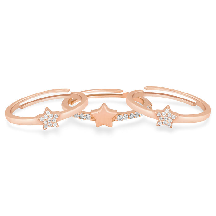 Rose Gold Plated Star & Floral Stackable Ring Combo – Set of 3