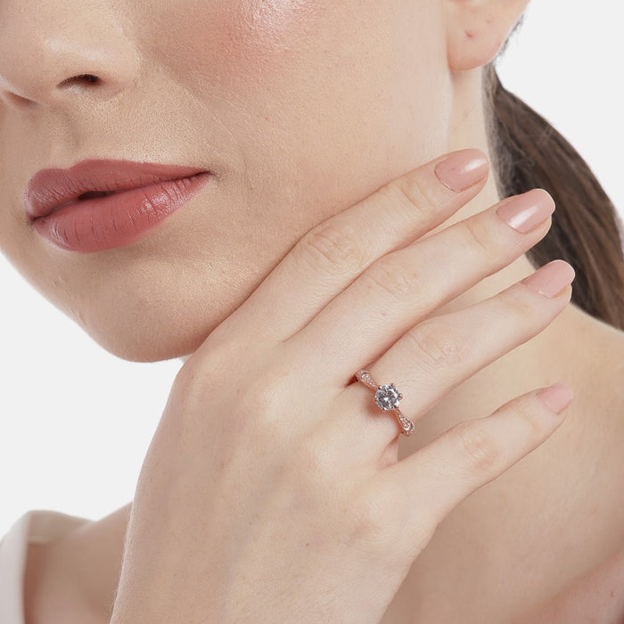 Rose Gold Radiance Cubic Zirconia Studded 925 Sterling Silver Ring (Adjustable)