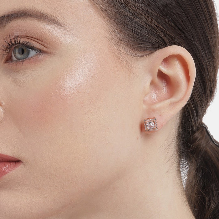 Rose Gold Sparkle 925 Sterling Silver CZ Stud Square Earrings