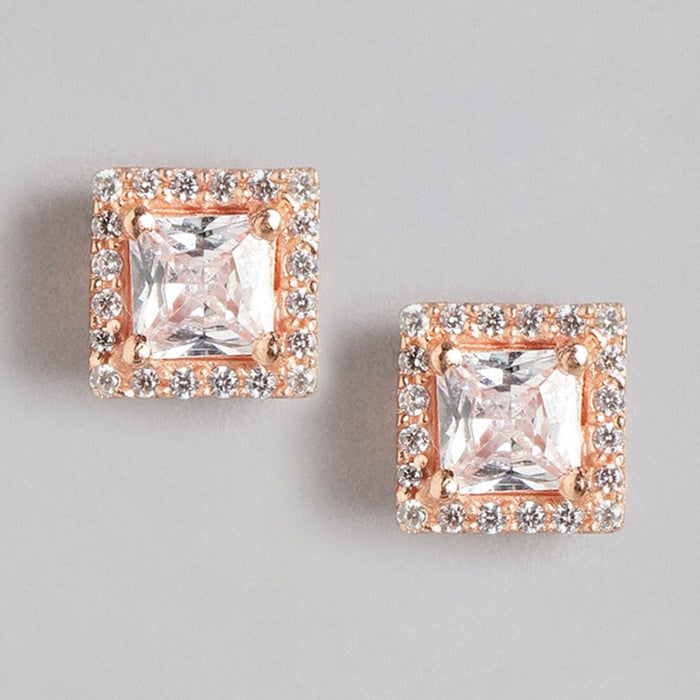 Rose Gold Sparkle 925 Sterling Silver CZ Stud Square Earrings