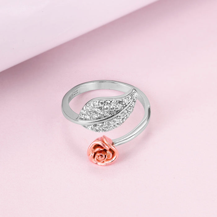 Rose Leaf Rhodium Plated 925 Sterling Silver Ring (Adjustable)