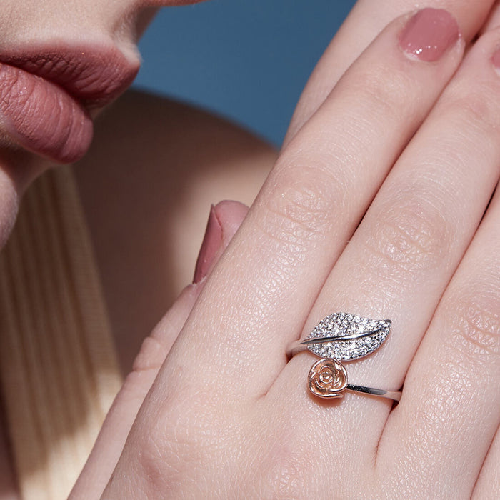 Rose Leaf Rhodium Plated 925 Sterling Silver Ring (Adjustable)